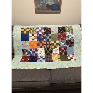 Handmade Patchwork Quilt Throw 48"x38" Multicolor Blocks Blue Border Cotton